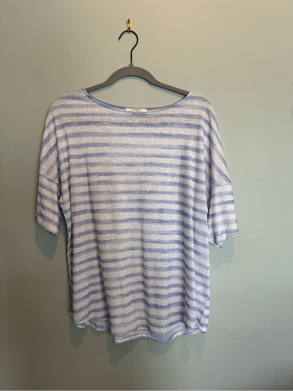 Cable & Gauge Light Blue and White Striped Boatneck Short Sleeve Top